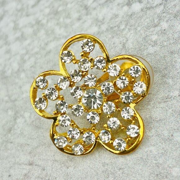 Clip-On Medium sized Gold Flower-Shaped Earrings with Diamond Accents - Picture 3 of 6